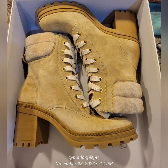 Veronica Beard Water Resistant Westport Lug SoleSuede Lamb Fur Luxury Boots #637 - Picture 11 of 15